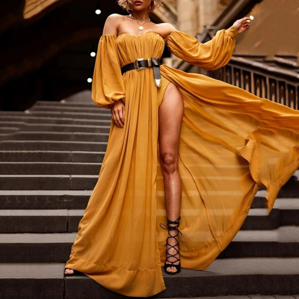 ZARA Sexy Strapless Off Shoulder Long Sleeve Pleated Slit Dress
